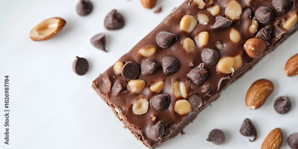 Energy Bar on white. chocolate, peanuts, and chocolate chips. Energy Bar on white. chocolate, peanuts, and chocolate chips.