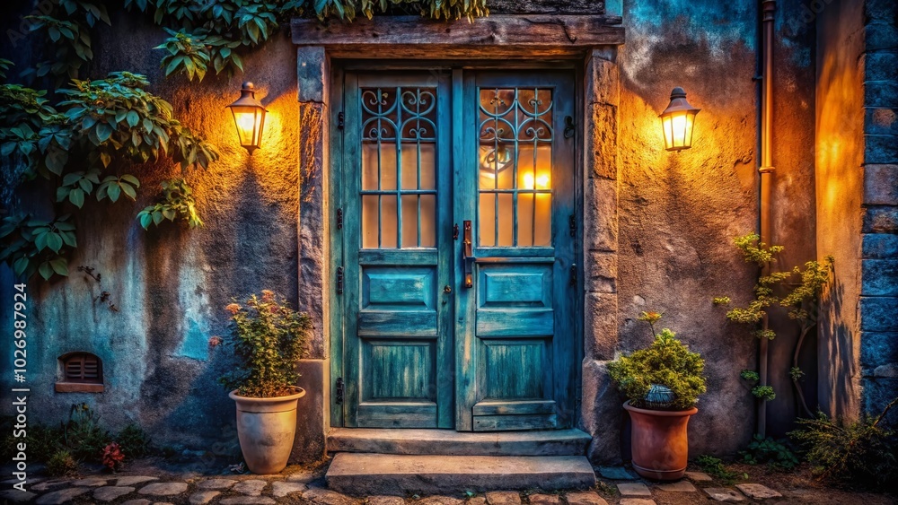 Old Blue Wooden Door with Glass Windows in Low Light Photography | Rustic Charm and Architectural Details Old Blue Wooden Door with Glass Windows in Low Light Photography | Rustic Charm and Architectural Details