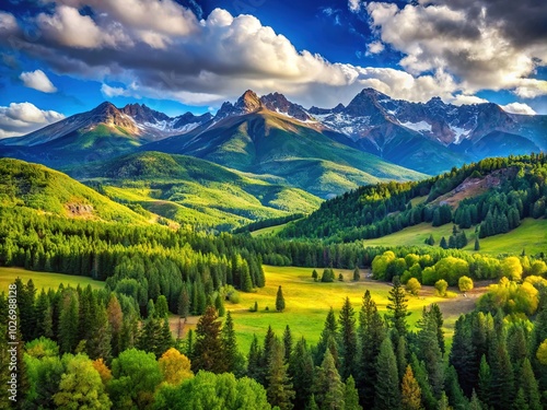 Majestic Highland Colorado Landscape with Rocky Mountains and Lush Green Forest Under Blue Sky