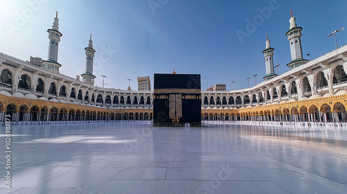 The Kaaba, the holiest site in Islam, surrounded by the Masjid al-Haram mosque in Mecca, Saudi Arabia, with white marble floors and minarets in the background.