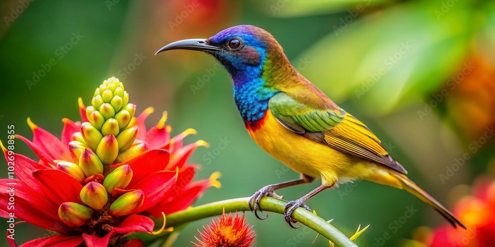 Olive-backed Sunbird Among Vibrant Flowers - Macro Photography Capture Olive-backed Sunbird Among Vibrant Flowers - Macro Photography Capture