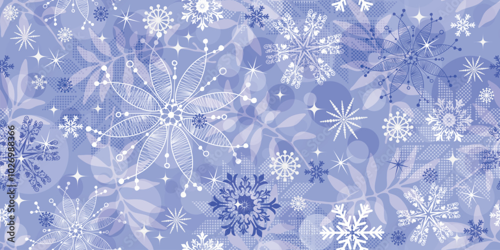 Vector seamless christmas hand drawn floral pattern with snowflakes and leaves and stars. Bokeh.