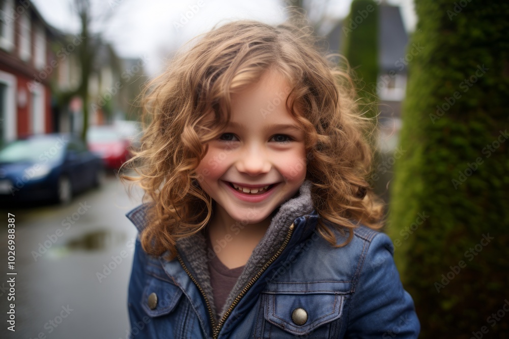 Portrait of a cute little girl with curly hair in the street Portrait of a cute little girl with curly hair in the street