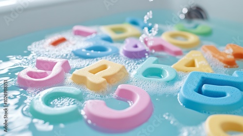 Colorful Foam Letters Floating in Bathtub Water