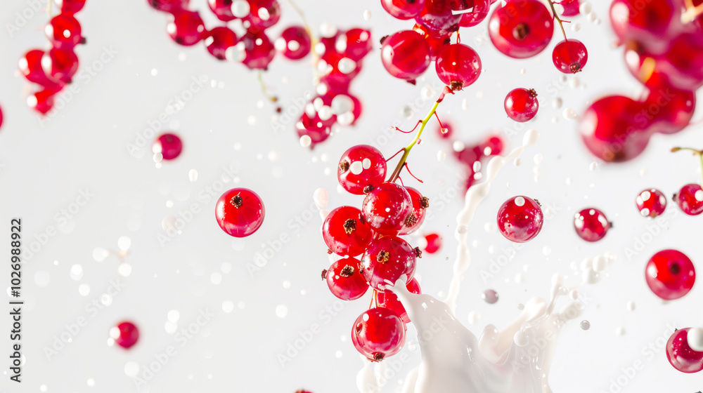 Obraz premium Healthy eating. Berry smoothie. Milk splashes and drops combine in the air with red currant berries. The concept of chaos and movement. A natural product