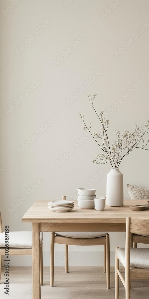 Japandi dining room with a wooden dining table, simple tableware, and neutraltoned cushions on minimalist chairs wooden table, neutral cushions, Japandi dining Japandi dining room with a wooden dining table, simple tableware, and neutraltoned cushions on minimalist chairs wooden table, neutral cushions, Japandi dining
