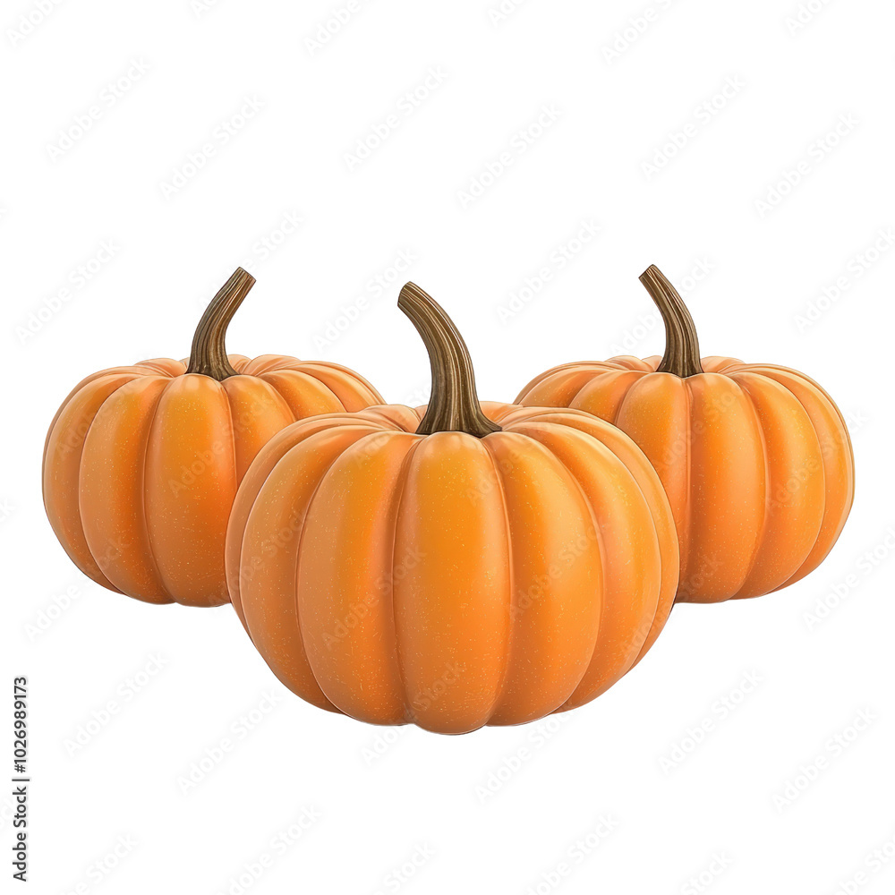Three vibrant orange pumpkins with distinct ridges and long brown stems set against a black background.