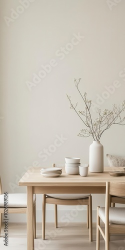 Japandi dining room with a wooden dining table, simple tableware, and neutraltoned cushions on minimalist chairs wooden table, neutral cushions, Japandi dining