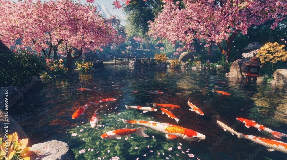 Serene Koi Pond with Cherry Blossoms in Bloom Serene Koi Pond with Cherry Blossoms in Bloom