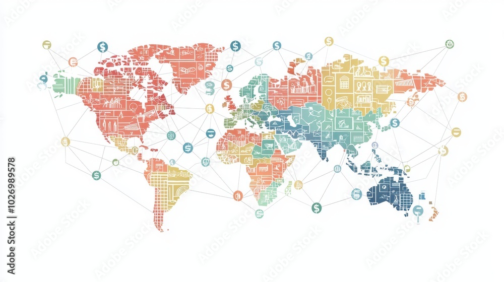 Obraz premium Global business map with dollar symbols marking key cities, clean vector lines, symbolizing global financial networks.
