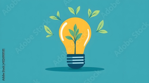 A flat design illustration of a light bulb containing a sprouting seed, with small leaves growing from it, symbolizing the beginning of new ideas and the potential for growth and innovation. 