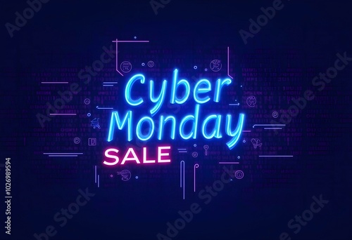 Cyber Monday Sale Promotional Banner with Neon Glow and Tech Background 