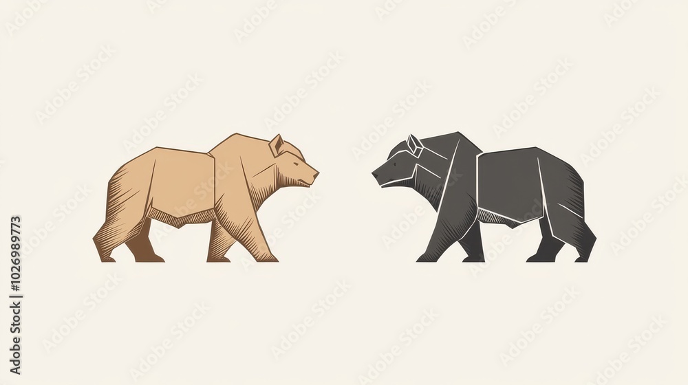 Fototapeta premium Minimalist bull and bear icons, symbolizing stock market trends, simple lines and muted colors.
