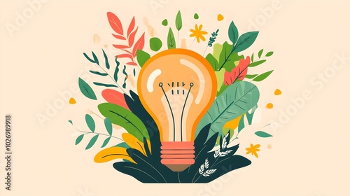 A flat design illustration of a light bulb filled with lush green plants and leaves, symbolizing the blossoming of ideas and innovation, with vibrant growth emerging from the inside of the bulb. 