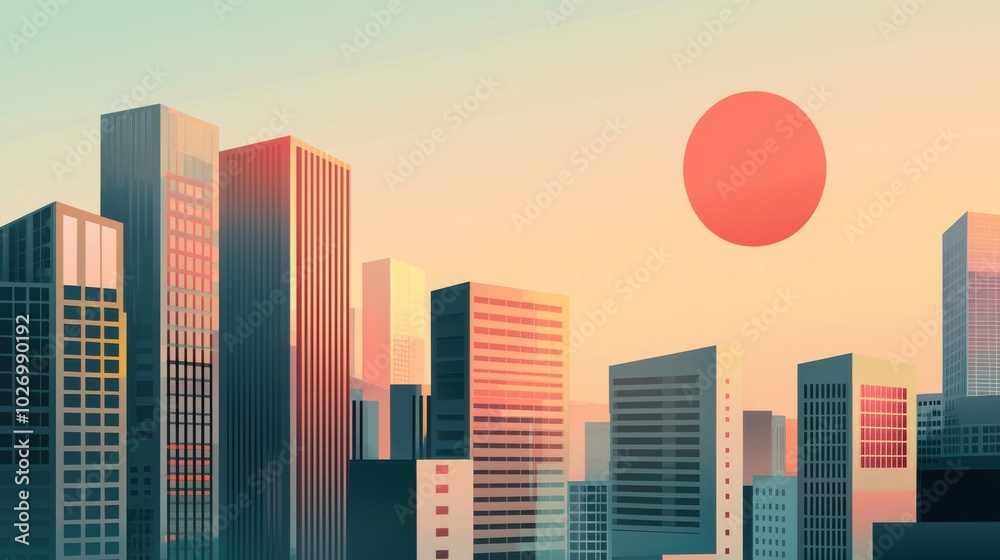 Fototapeta premium Minimalist cityscape with corporate buildings, clean geometric shapes, soft shadows, representing urban business hub, business district, illustration.