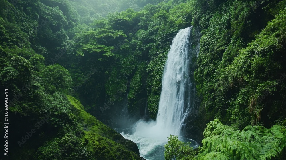 Lush Green Waterfall Surrounded by Dense Forest Lush Green Waterfall Surrounded by Dense Forest