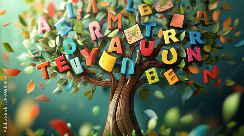 Obraz premium Colorful Alphabet Tree in Enchanted Forest Setting