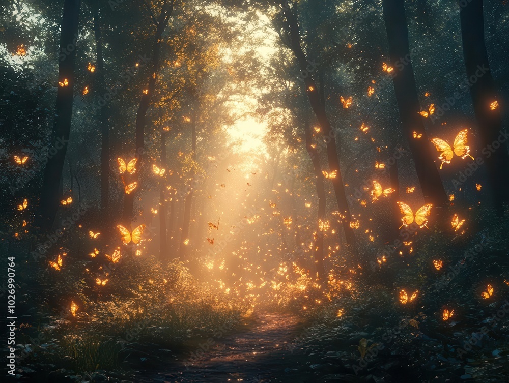 enchanting forest panorama alive with glowing butterflies flitting among the trees, creating a magical atmosphere in a whimsical fantasy setting enchanting forest panorama alive with glowing butterflies flitting among the trees, creating a magical atmosphere in a whimsical fantasy setting