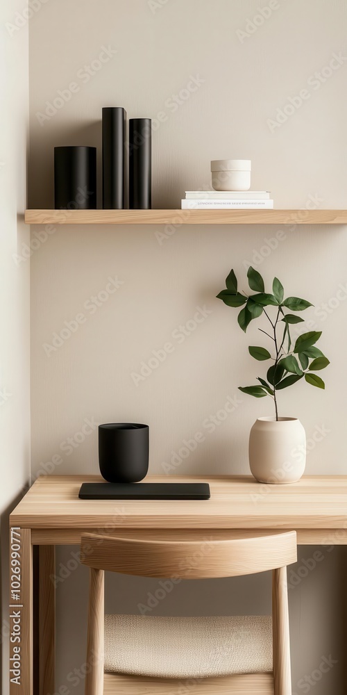 Japandistyle office with a simple wooden desk, neutral palette, and minimalist shelving   wooden desk, minimalist shelving, Japandi office
