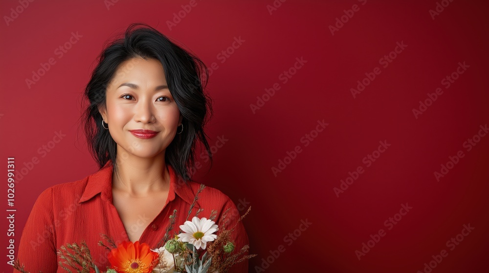 Cheerful woman in red with spring bouquet for floral promotion and design Cheerful woman in red with spring bouquet for floral promotion and design