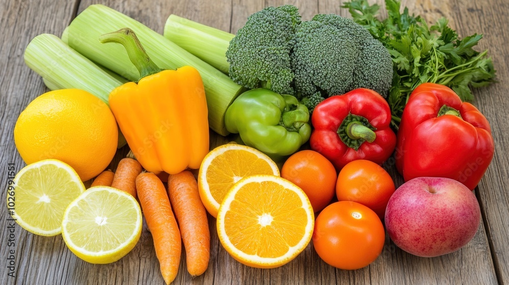 Close-up of vibrant fresh vegetables and fruits on wooden table, healthy blood pressure foods, natural nutrition and wellness. Close-up of vibrant fresh vegetables and fruits on wooden table, healthy blood pressure foods, natural nutrition and wellness.