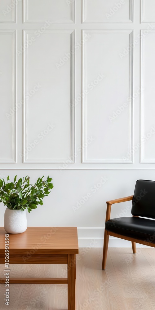 Living room with white walls, a wood coffee table, and sleek black leather seating for a minimalist look white walls, wood table, black leather Living room with white walls, a wood coffee table, and sleek black leather seating for a minimalist look white walls, wood table, black leather