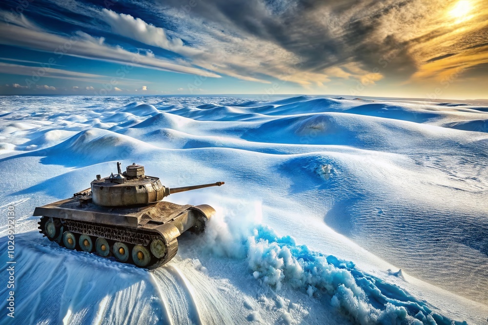 Panoramic View of WWII Tank in Winter Landscape with Abstract Snowy Hills and Frozen Ocean Waves Panoramic View of WWII Tank in Winter Landscape with Abstract Snowy Hills and Frozen Ocean Waves