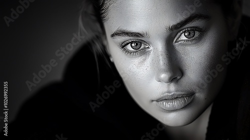 Woman s Face Close up Dramatic Black and White Portrait Eyes Lips Freckles