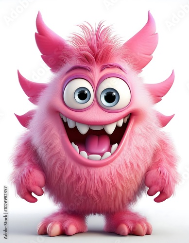 Meet the cutest, fluffiest monster ever! Big smile, pink fur, and adorable horns. A joyful, friendly creature!