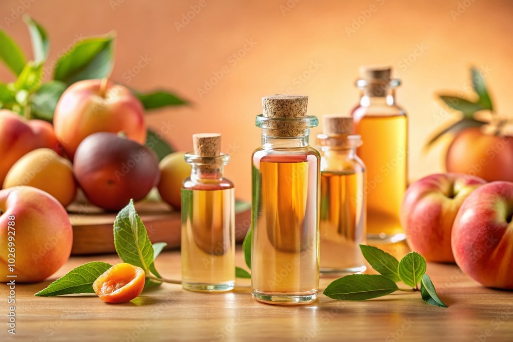 Peach-Scented Essential Oils in Elegant Bottles on Soft Peach Background for Aromatherapy and Wellness Peach-Scented Essential Oils in Elegant Bottles on Soft Peach Background for Aromatherapy and Wellness
