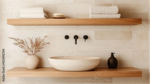 Minimalist Japandi bathroom with sleek wooden shelves, neutral tiles, and minimalist decor wooden shelves, neutral tiles, minimalist bathroom