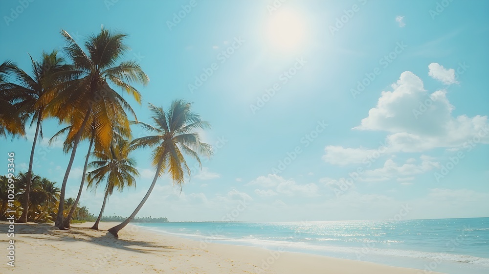 A stunning view of a tropical beach under a bright sun, with tall palm trees swaying gently in the warm breeze, soft golden sand stretching along the shoreline, creating a perfect summer vibe. A stunning view of a tropical beach under a bright sun, with tall palm trees swaying gently in the warm breeze, soft golden sand stretching along the shoreline, creating a perfect summer vibe.