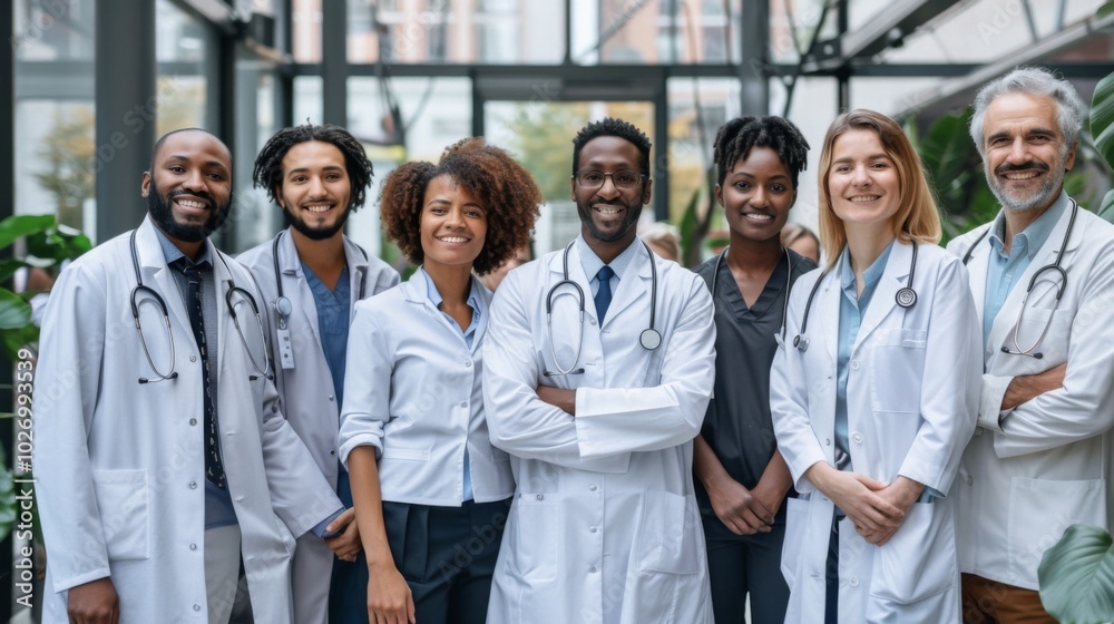 Portrait of a group of happy doctors, nurses, and other medical staff in a hospital. Portrait of a group of happy doctors, nurses, and other medical staff in a hospital.