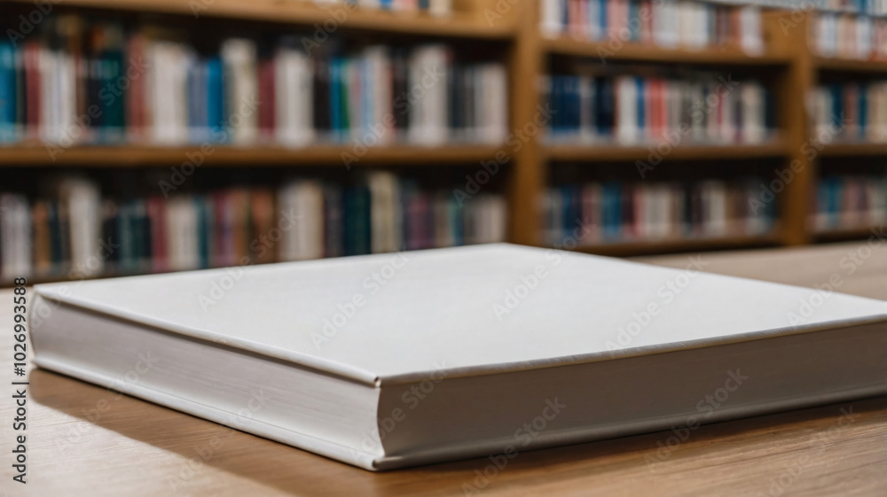 Fototapeta premium Closeup blank hardcover of a novel book on table with a backdrop of blurred old library or book gallery.