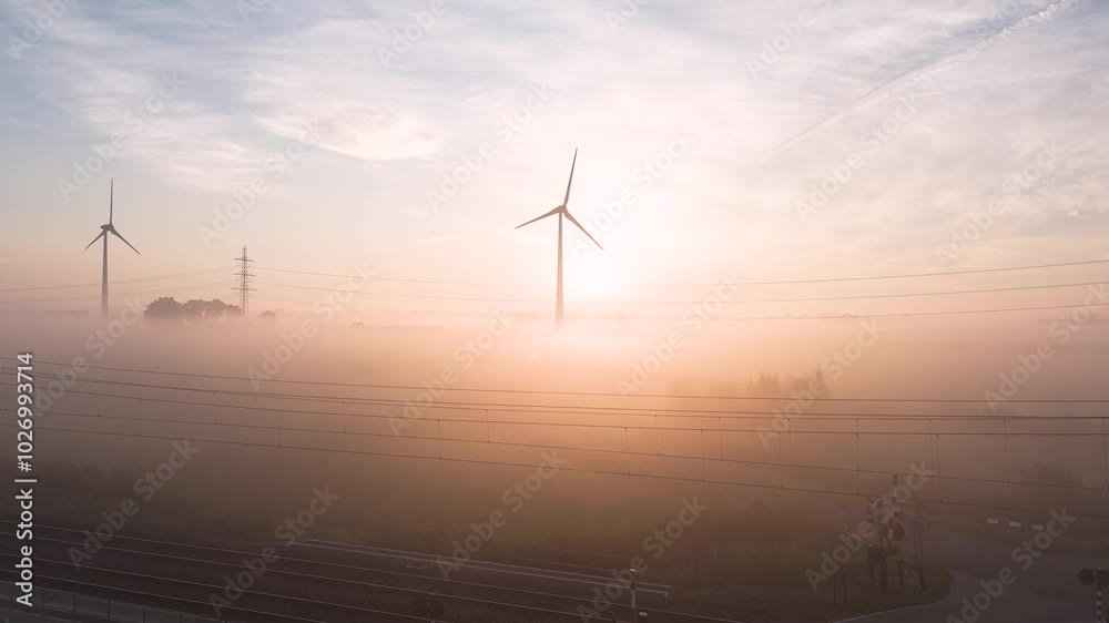 Sun rising above wind turbines and countryside covered in fog Sun rising above wind turbines and countryside covered in fog