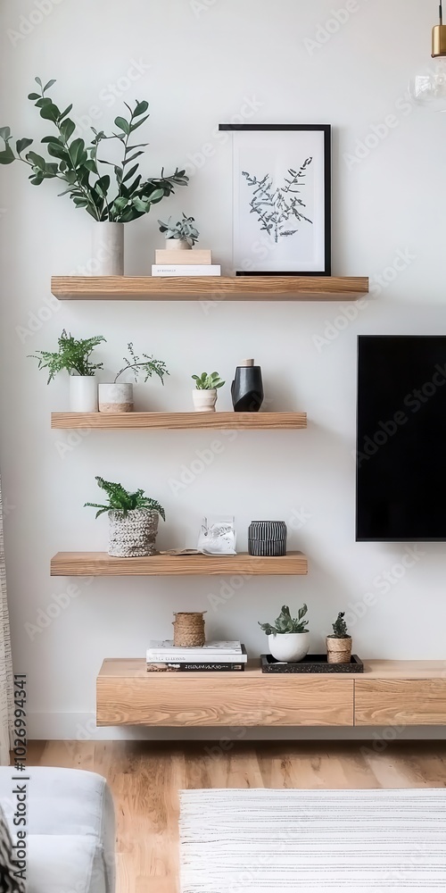 Minimalist loft living room with a floating wood shelf, blackandwhite decor, and industrial accents   floating shelf, blackandwhite decor, industrial style