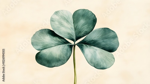 Illustrated green four-leaf clover, sharp details, pale background, focus on texture and natural light, symbol of fortune and growth photo