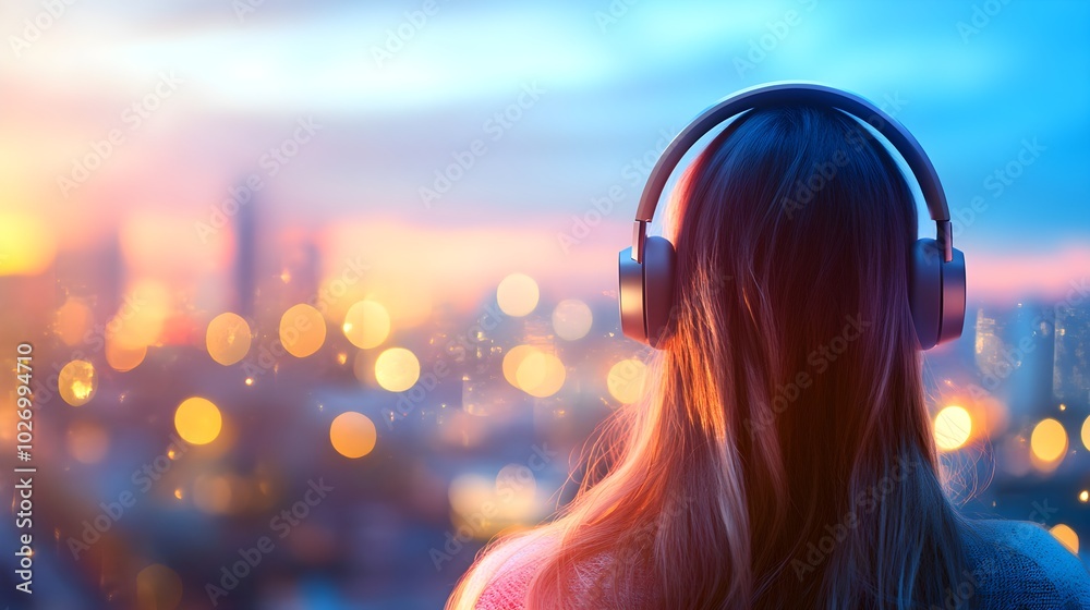 Close-up portrait of a woman wearing minimalist Bluetooth headphones, soft lighting, blurred urban background Close-up portrait of a woman wearing minimalist Bluetooth headphones, soft lighting, blurred urban background