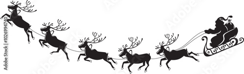 Silhouette of Santa Claus in sleigh being pulled by reindeers
