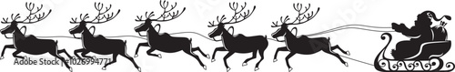 Silhouette of Santa Claus in sleigh being pulled by reindeers