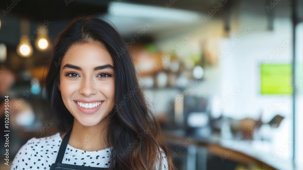 Portrait of a smiling woman in apron for hospitality and service industry Portrait of a smiling woman in apron for hospitality and service industry