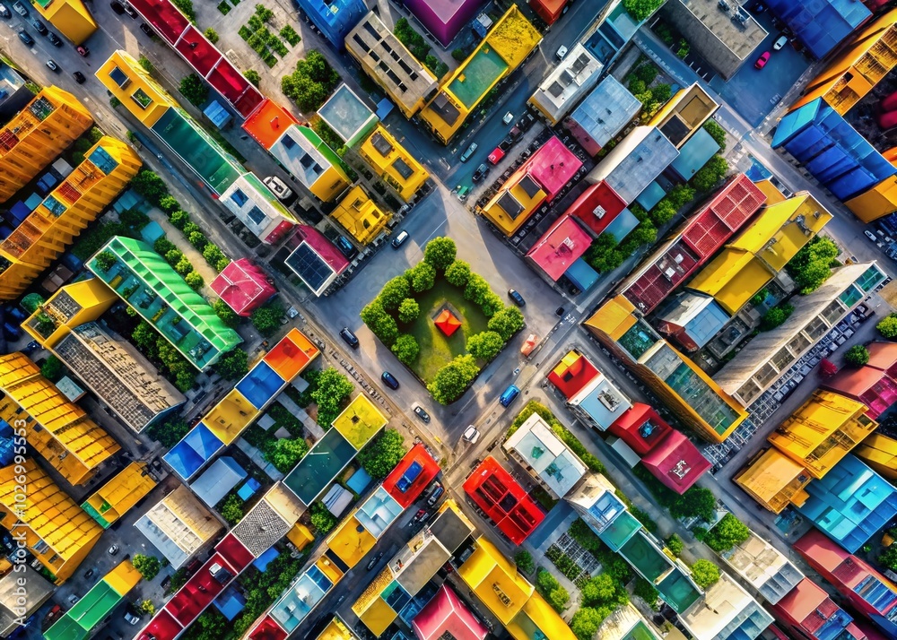 Pop Art Aerial View of Simplified City Grid with Bold Colors and Stylized Cars Pop Art Aerial View of Simplified City Grid with Bold Colors and Stylized Cars