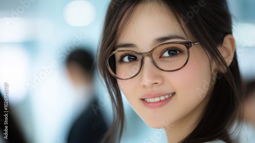 Professional japanese female worker smiling with glasses in modern office setting