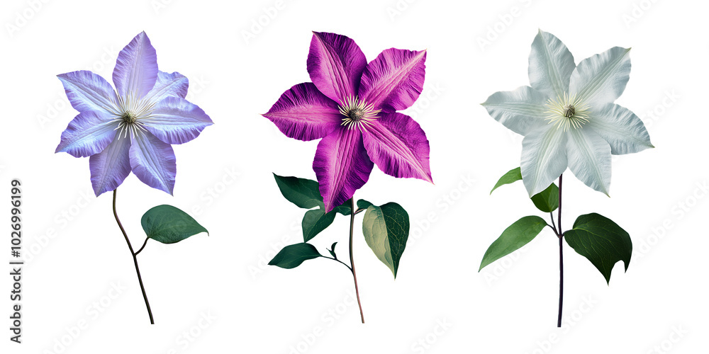 set of Vibrant Trio of Clematis Flowers on a white and transparent background, A stunning arrangement of three clematis flowers in purple, pink, and white set of Vibrant Trio of Clematis Flowers on a white and transparent background, A stunning arrangement of three clematis flowers in purple, pink, and white