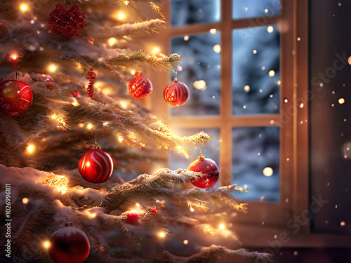 Twinkling Holiday Magic: Frosted Fir and Shimmering Ornaments Illuminated by Golden Christmas Lights photo