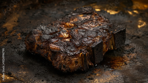 Burnt piece of meat with blackened edges and charred photo