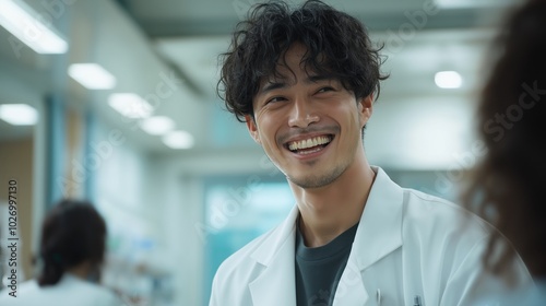 Smiling japanese doctor in white coat at modern healthcare facility