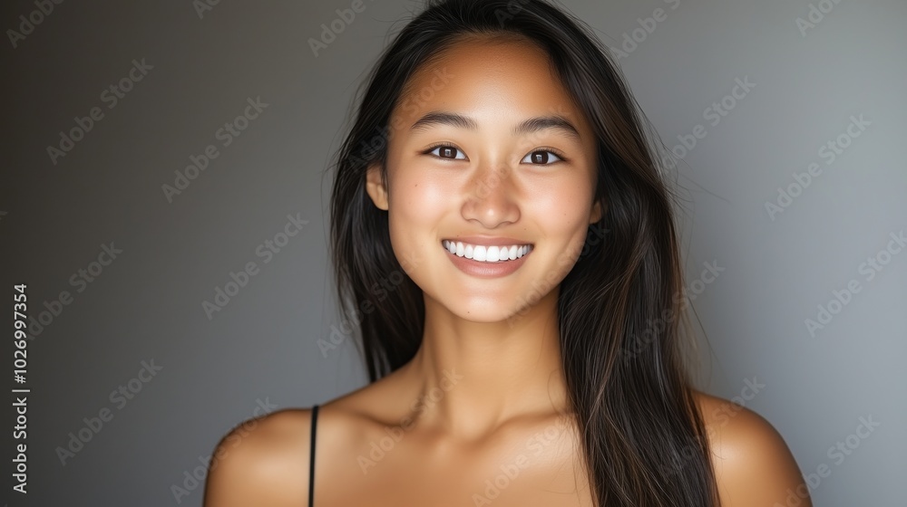 Spring beauty concept: smiling young asian woman for skincare and wellness campaigns Spring beauty concept: smiling young asian woman for skincare and wellness campaigns
