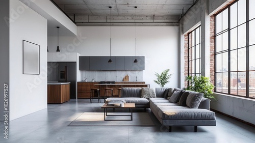 Open loft living room with concrete floors, industrialstyle windows, and modern furniture concrete floors, industrial windows, minimalist furniture