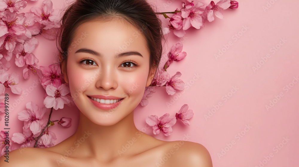 Spring beauty portrait of cheerful woman with blossoms for digital media and beauty industry Spring beauty portrait of cheerful woman with blossoms for digital media and beauty industry